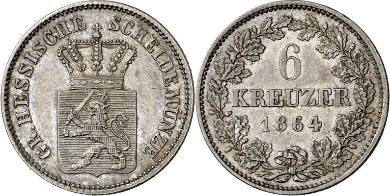 Hessen-Darmstadt. 
Ludwig III. 1848-1877. 6 Kreuzer 1864. AKS&nbsp; 126, J.&nbs...