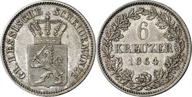 Hessen-Darmstadt. 
Ludwig III. 1848-1877. 6 Kreuzer 1864. AKS&nbsp; 126, J.&nbsp; 58. . 

vz-St