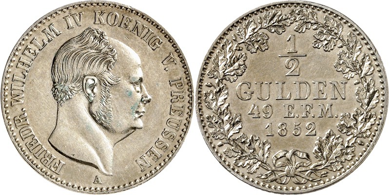 Hohenzollern unter Preussen. 
Friedrich Wilhelm IV. 1840-1861. 1/2 Gulden 1852 ...