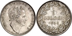 Nassau. 
Wilhelm 1816-1839. 1/2 Gulden 1838. AKS&nbsp; 44, J.&nbsp; 43. . 

l.Rf.,vz