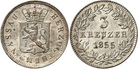 Nassau. 
Adolph 1839-1866. 3 Kreuzer 1855. AKS&nbsp; 70, J.&nbsp; 46. . 

vz-St