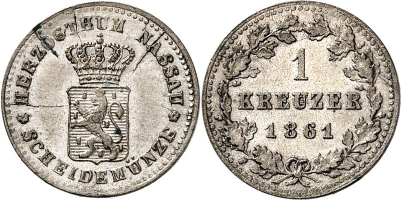 Nassau. 
Adolph 1839-1866. 1 Kreuzer 1861. AKS&nbsp; 73, J.&nbsp; 59. . 

Stp...
