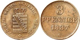 Sachsen, Königreich. 
Friedrich August II. 1836-1854. Cu-3 Pfennige 1837 G. AKS&nbsp; 109, J.&nbsp; 70. . 

vz-