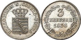 Sachsen-Coburg-Gotha. 
Ernst I. 1806-1844. 3 Kreuzer 1838. AKS&nbsp; 85a, J.&nbsp; 264. R. 

min. Schrf.,vz