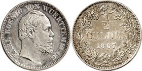 Württemberg. 
Karl 1864-1891. 1/2 Gulden 1867. AKS&nbsp; 127, J.&nbsp; 84. . 

ss+