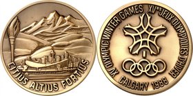 SPORT. 
OLYMPISCHE SPIELE. 
LOT. von 2 Medaillen 1988 a.d. 15. Winterspiele in Calgary und die 24. Sommerspiele in Seoul. 1. Ansicht d. Stadt Calgar...