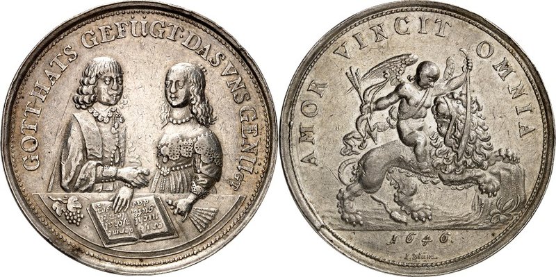 FREUNDSCHAFT, LIEBE, EHE. 
EHE. 
HOCHZEIT. Medaille 1646 (v. Joh. Blum, Bremen...