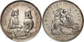 FREUNDSCHAFT, LIEBE, EHE. 
EHE. 
HOCHZEIT. Medaille 1646 (v. Joh. Blum, Bremen) Junges Paar in barocker Tracht steht an einem Tisch und reicht sich ...