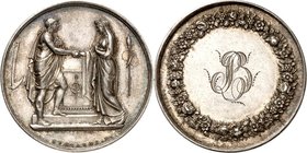 FREUNDSCHAFT, LIEBE, EHE. 
EHE. 
HOCHZEIT. Medaille o.J. ("1843") (v. Montagny) Antik gewandetes Paar reicht sich über einem Altar die Hand / Ligier...