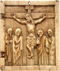RELIGION UND ETHIK. 
JESUS CHRISTUS. 
ohne Ort. Kleinrelief o.J. aus Bein, rechte Tafel eines Diptychons(?) mit Szene d. Beweinung Christi am Kreuz,...
