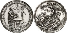 RELIGION UND ETHIK. 
TAUFE. 
Deutsche Gebiete. Medaille o.J. (v. P.H. Müller). Ein Priester tauft ein Kind mit dem Blut des Gekreuzigten, darüber Go...