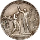 RELIGION UND ETHIK. 
TAUFE. 
Slowakei. Medaille o.J.(19.Jh.) (o. Sign.) Szene der Taufe Christi im Jordan durch Joh. d. Täufer / von zwei Palmzweige...