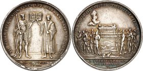 RELIGION UND ETHIK. 
REFORMATION. 
200 Jahre Augsburger Konfession 1730. Nürnberg Medaille 1730 (v.Vestner) Der sächs. Kurfürst Johann u. Luther hal...