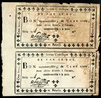 FRANKREICH. 
Assignaten. 
100 Livres o.D. (Nov.1793) ARMÈE CATHOLIQUE ET ROYALE 2 Stück senkr. Paar. Pi. A 99. . 

stark wasserfleckig, IV