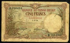 BELGISCH KONGO. 
5 Francs 2.12.1929B Elisabethville. Pick&nbsp; 8a. . 

IV-