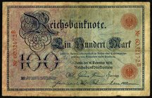 Deutsches Kaiserreich. 
100 Mark 18.12.1905 Reichsbanknote KN 29 mm ohne "RBD". Ros. 24 F. . 

III-IV