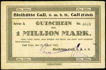 RHEINLAND. 
Call (Eifel), Bleihütte Call-GmbH. 1 Mio. Mark 15.8.1923. v.E. 229.1, Ke. 709., M. 1. . 

II