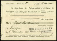RHEINLAND. 
Eckkamp, Peitz & Selbeck G.m.b.H. Giesserei. 5 Mio. Mark 5.9.1923 handschr., Scheck a.Sparkasse der Bürgermeisterei Eckamp in Ratingen. v...