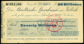 RHEINLAND. 
Jülich, Stadt. 20 Bio.Mark 1.10.1923 - 31.12.1923.Scheck auf Städtische Sparkasse. v.E 753.28, Ke. 2530.f. . 

III