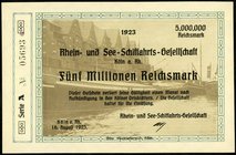 RHEINLAND. 
Köln, Rhein- & See-Schifffahrts-Ges.. 5 Mio. Mark 16.8.1923 mit Sternchen. v.E. 814.3a, Ke. 2699b. . 

I 1