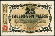 RHEINLAND. 
Köln, Stadt. 25 Bio. Mark 5.11.1923 Wz. C-Kreuz-Muster Reihe A, Entwertet. v.E. 779.153, Ke. 2684 nnn. . 

I-