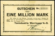 RHEINLAND. 
Köln, Tonindustrie Worringen. 1 Mio. Mk. 10.8.1923 bis 1.10.1923. v.E.&nbsp; 828.1, Ke.&nbsp; 2708a. . 

kl. Riss, II-III