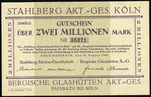 RHEINLAND. 
Köln-Paffrath, Stahlwerk-AG / Berg.Glashütt.-AG. 2 Mio. Mark 15.08.1923. Ke. 2751b, v.E. 882.2. . 

I-