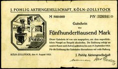 RHEINLAND. 
Köln-Zollstock, J.Pohlig, Aktienges.(Transport). 500000 Mark 9.8.1923. v.E. 890.1, Ke. 2758. . 

III-IV