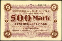 RHEINLAND. 
Leverkusen, Farbenfabriken, vorm. F.Bayer & Co.. 50, 100, 500 Mark 15.9.1922 -1.12.1923. v.E. 934.32,33,34, Mü. 2710,1,2,3. (3). 

I
