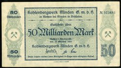 WESTFALEN-LIPPE. 
Meißen bei Minden, Kohlenbergwerks-GmbH. 10, 20, 50 Mrd. Mk. Ke. 3512, Topp. 615.1-3. (3). 

II,III