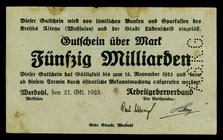 WESTFALEN-LIPPE. 
Werdohl, Arbeitgeberverband. 50 Mrd. Mk. 27.10.1923 (mit Lochung A.S.K.G). Topp. 889.14, Ke. 5555e. R!. 

fleckig,III