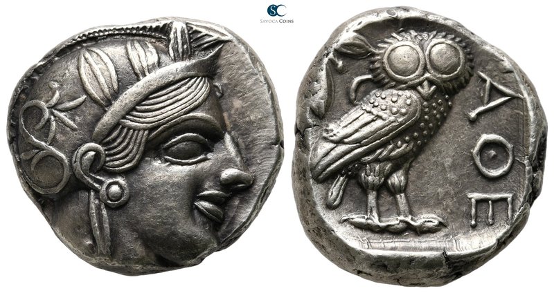 Attica. Athens circa 454-404 BC. 
Tetradrachm AR

24 mm., 17,22 g.

Head of...