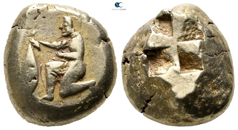 Mysia. Kyzikos 500-450 BC. 
Stater EL

18 mm., 16,23 g.

Nude youth kneelin...