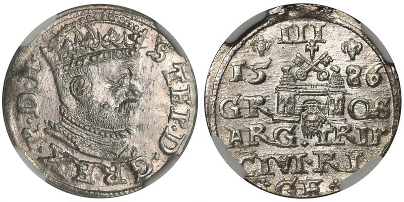 Stefan Batory, Trojak Ryga 1586 - NGC MS62

Odmiana z większą głową króla. War...