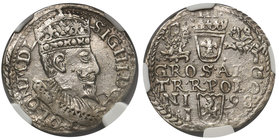 Zygmunt III Waza, Trojak Olkusz 1598 - NGC AU58

Odmiana z popiersiem króla z 1596 roku. Wariant z POLON M D L.
Ładny z delikatnym połyskiem w paty...
