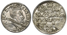 Zygmunt III Waza, Trojak Bydgoszcz 1597 - PCGS MS63

Błędnie opisany przez PCGS. Odmiana z legendą w dwóch wierszach. Awers jak B.97.2c, ale rewers ...