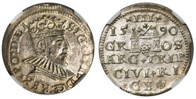 Zygmunt III Waza, Trojak Ryga 1590 - NGC MS64

Odmiana z małym popiersiem. 
Menniczy egzemplarz z zachowanym blaskiem.
Wysoka nota od NGC.&nbsp; ...