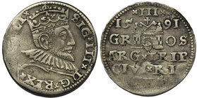 Zygmunt III Waza, Trojak Ryga 1591

Odmiana z małym popiersiem i LI kończącym napis otokowy.&nbsp; 

Grade: VF+/VF 
Literature: Iger R.91.1d