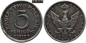 Królestwo Polskie, 5 fenigów 1917 - otwarta 9 

Rzadka moneta z otwartą 9 w dacie.&nbsp; 

Grade: XF 
Literature: Chałupski 1.2.1a.dd.a.1 (R4)...