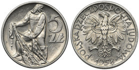 Rybak 5 złotych 1958 - wąska ósemka 

Rzadka moneta z okresu PRL.&nbsp;Pierwszy rocznik o niskim nakładzie, który naturalnie zużył się w obiegu. Odm...