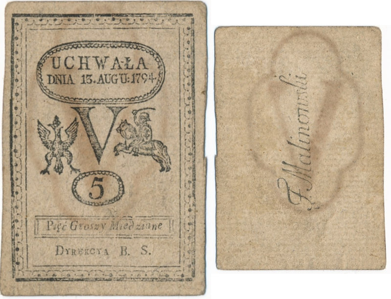 5 groszy 1794 

Ładny, kontrastowy druk, ale przybrudzony po obu stronach. Pap...