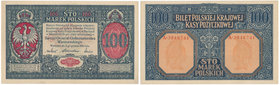 100 marek 1916 Generał 

Atrakcyjny egzemplarz. 
Jednokrotnie, centralnie przełamany oraz śladowo ugięty na 1/3 szerokości banknotu. Złamania na do...