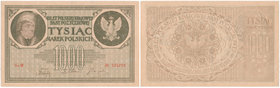 1.000 marek 1919 -H- 

Odmiana wydrukowana na kremowym papierze ze znakiem wodnym plastry miodu. 
Złamany przez środek, drobne zagniecenia w polu. ...