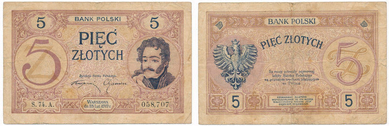 5 złotych 1919 S.74.A 

Odmiana dwuliterowa.&nbsp;
Rzadki, poszukiwany nomina...