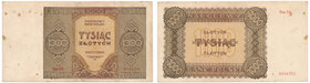 1.000 złotych 1945 -Dh- seria zastępcza

Rzadka seria zastępcza.&nbsp;
Naturalny egzemplarz z licznymi śladami obiegu. Papier zachowuje częściowo s...