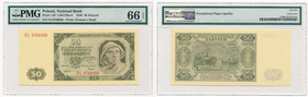 50 złotych 1948 -EL- PMG 66 EPQ

Seria pochodząca z zapasów bankowych.&nbsp;
Emisyjny stan zachowania.&nbsp; 

Grade: PMG 66 EPQ 
Literature: Mi...