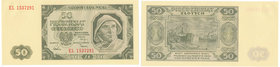 50 złotych 1948 -EL- 

Seria pochodząca z zapasów bankowych.&nbsp;
Zafalowanie papieru na literach serii w polu niezadrukowanym. Reszta idealna. 
...