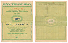 Pewex 5 centów 1960 -Da- z klauzulą

Odmiana z klauzulą na rewersie.&nbsp;
Złamania poprzeczne z rozdarciem po obu stronach banknotu. Papier względ...