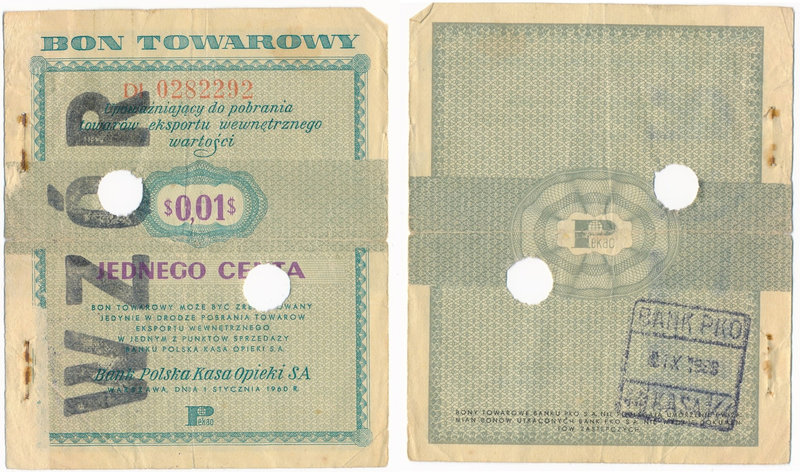 Pewex Bon Towarowy 1 cent 1960 WZÓR numeracja bieżąca

Rzadka odmiana wzoru z ...