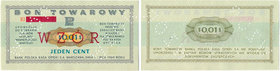Pewex Bon Towarowy 1 cent 1969 WZÓR -El- NIEZNANY 

Ogromnej rzadkości wzór nieodnotowany dotychczas w literaturze. Emisja 1969. Numeracja bieżąca z...